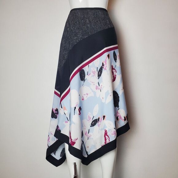 DKNY Black Light Blue Floral Asymmetric Midi Skirt - Picture 4 of 8